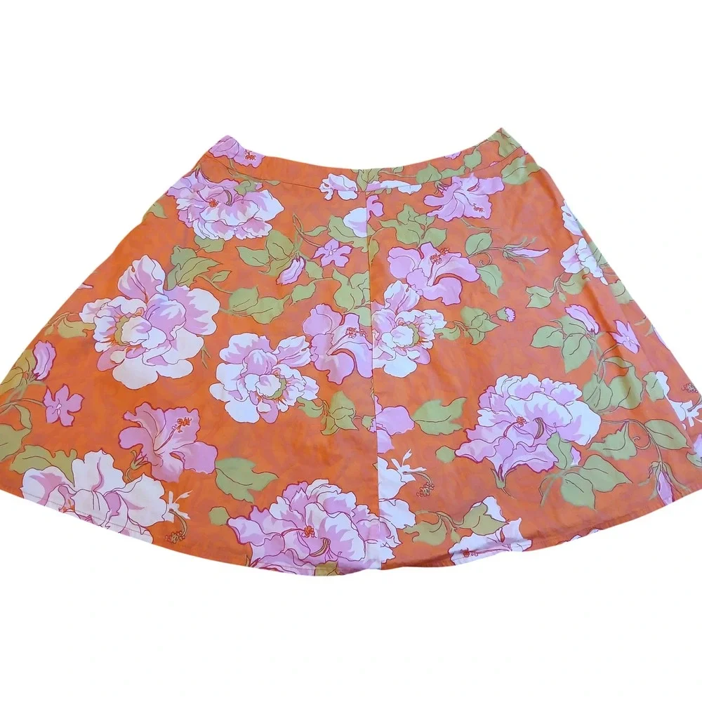 St. Johns‎ Bay Petite 16P Orange Pink Floral Hibiscus A-Line Stretch Skirt 20in